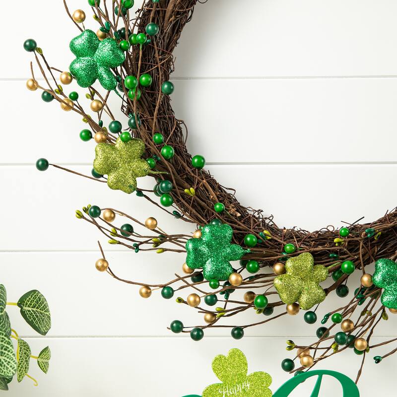 Glitzhome 20"D St. Patrick's Shamrock Berry Wreath & Garland
