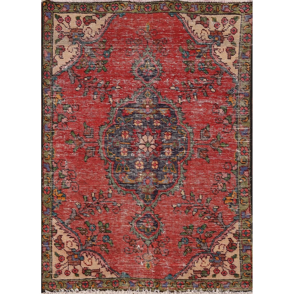 Hand Knotted Oriental 100% Wool Carpet Traditional Floral Red Tabriz Area Rug - 4' 8'' X 3' 2''