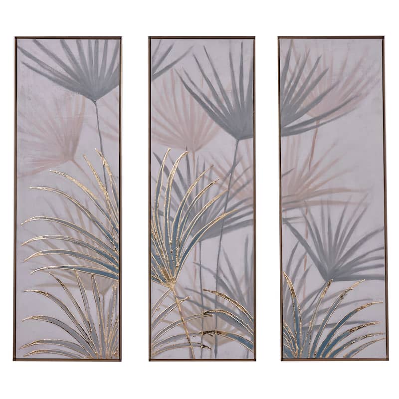 Brown Canvas Palm Leaf Framed Wall Art with Gold Frame (Set of 3)