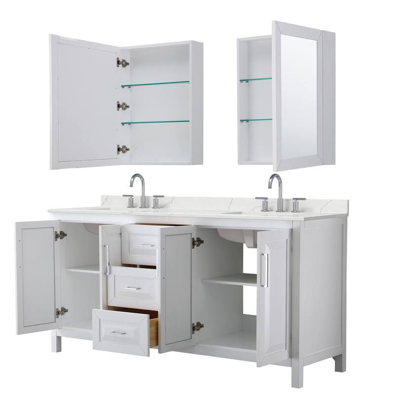 Daria 72-inch Double Vanity, 3 Hole Quartz Top, Med Cabinets