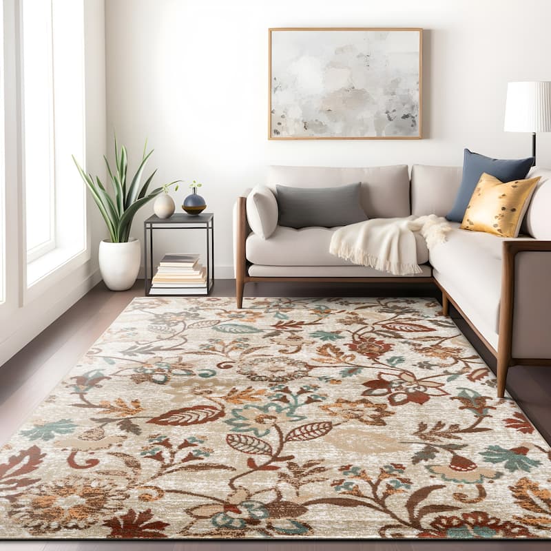 Beige Multi Vine Floral Stylish and Durable Area Rug - Beige - 7' 10" x 10'