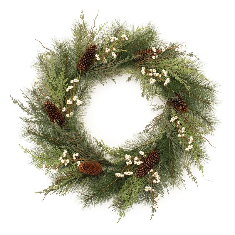 Plastic Pinecone Wreath with Tallow Berries 28 inches Indoor Decor - 28” x 27” x 8” (D x W x H) - Green-Brown