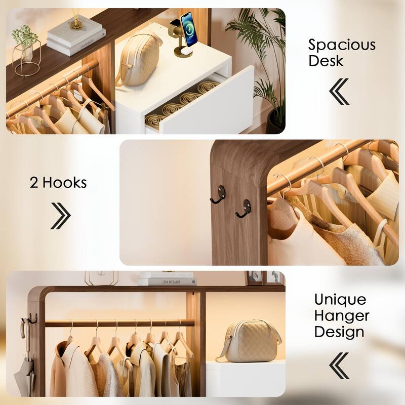 Dresser for Bedroom with Hanging Closet, 3 Drawers Dresser with LED Lights & Charging Station