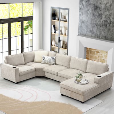 U Shaped Sectional Sofa, Chenille Corner Couch Set with Cup Holders
