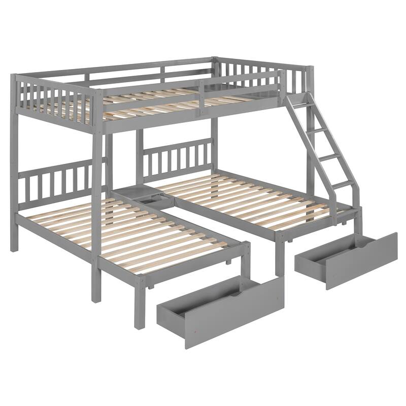Wood Triple Bunk Bed with Drawers and Guardrails, Full Over Twin & Twin, Gray