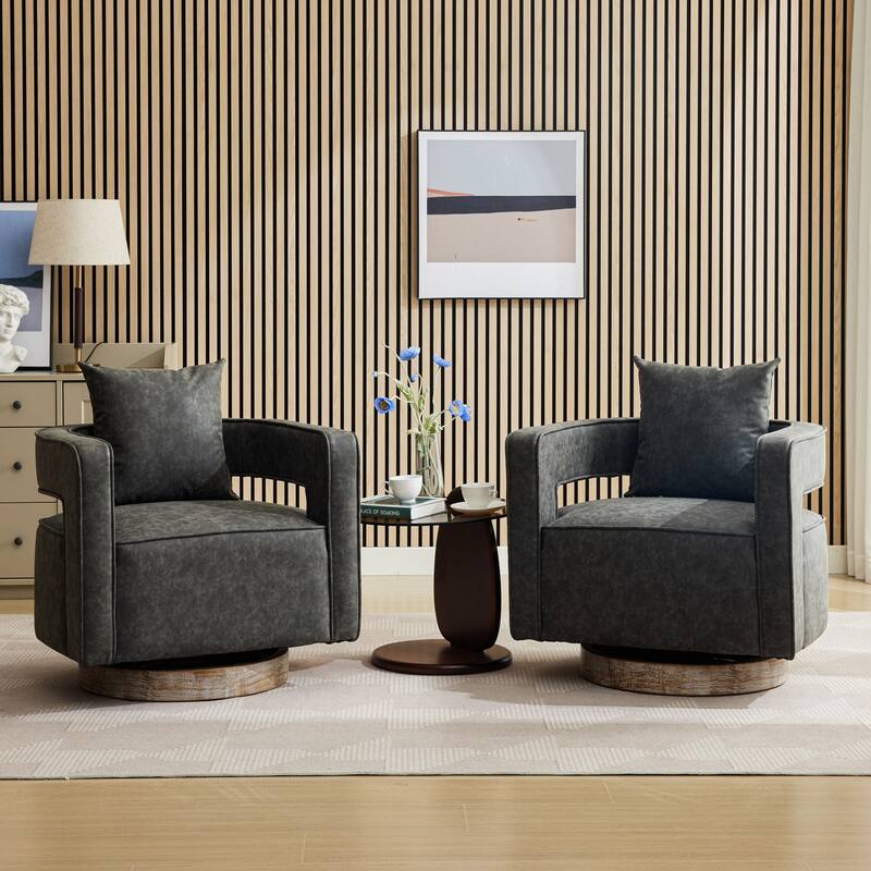 Modern Swivel Chair,PU leather Barrel Chair with Wooden Base and pillow