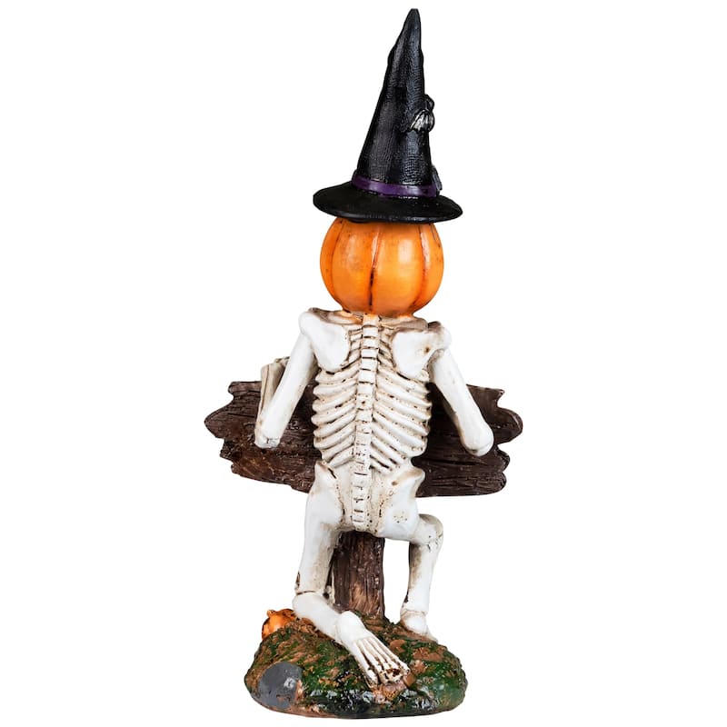 Jack-O-Lantern Skeleton in Witch's Hat and Happy Halloween Sign - 9.5"