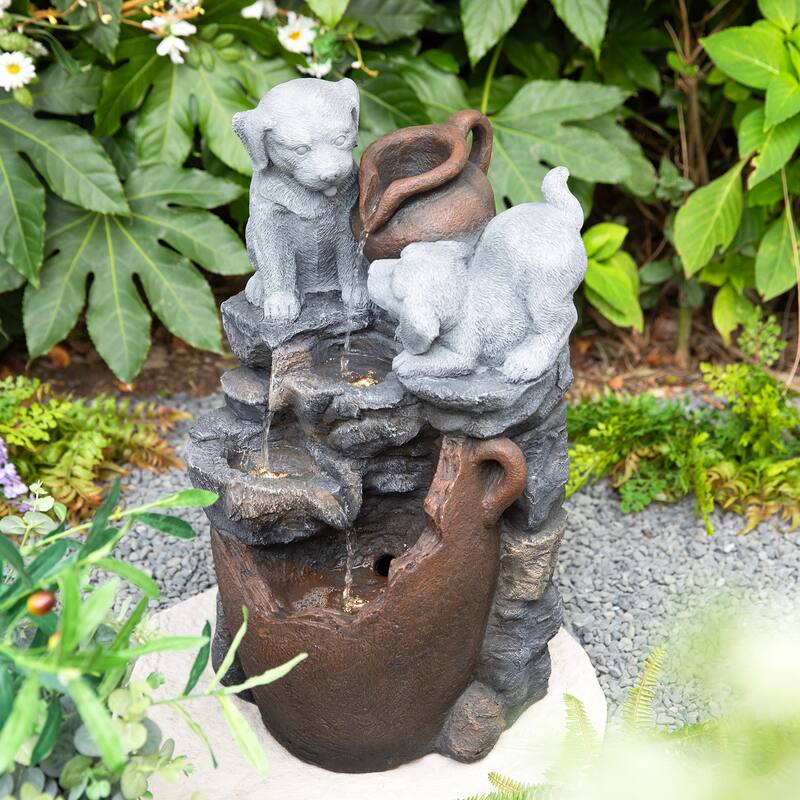 Glitzhome 4-Tiered Dogs or Elephant and Pot Polyresin Outdoor Fountain with Pump and LED Light