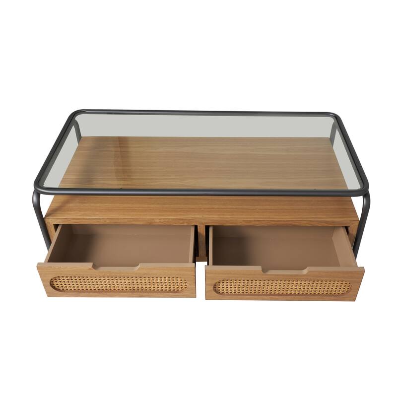 Brown Wooden Living Room Coffee Table with Cane Front Drawers and Gray Metal Frame