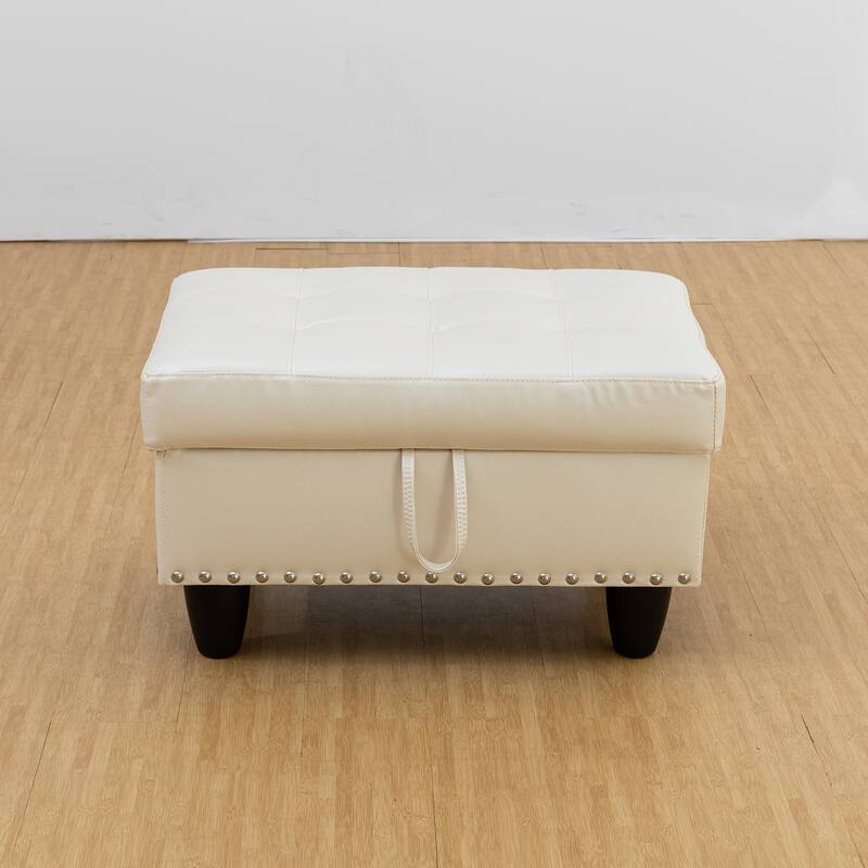 White Faux Leather Storage Ottoman for Entryway