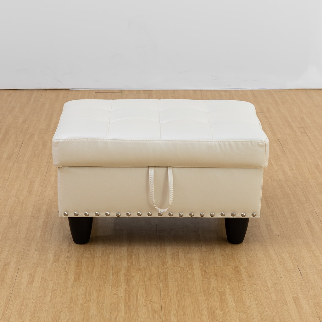 White Faux Leather Storage Ottoman for Entryway