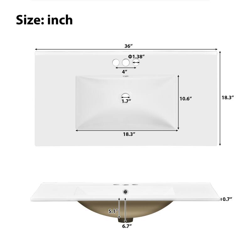 36" Modern Bathroom Vanity with Ceramic Sink, 4 Drawers, 2 Doors, Soft Close, Solid Wood Frame, Freestanding Design