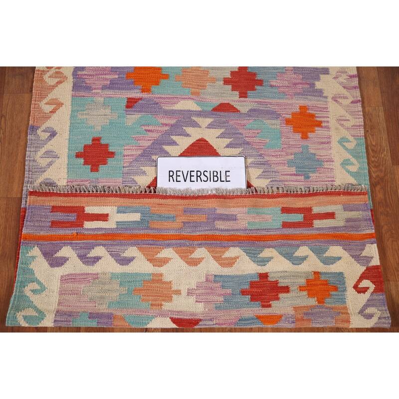 Multi-Color Reversible Kilim Area Rug Flatweave Wool Carpet - 3'2"x 4'11"