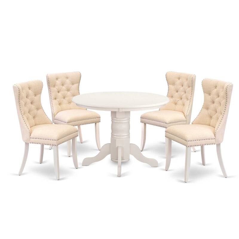 Round Pedestal Dining Table Set - 5 Piece Kitchen Table with 4 Chairs - Linen White Finish