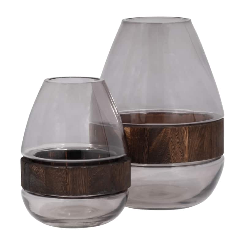 Sagebrook Home Glass Clear Frost Round Belly Vase With Wood Band