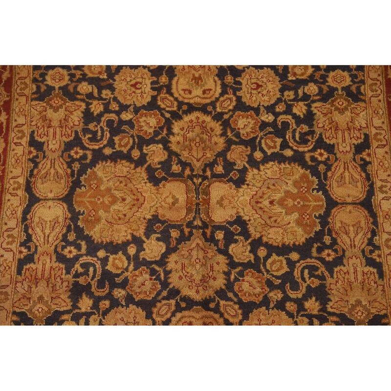 Navy Blue Floral Agra Oriental Area Rug Hand-Knotted Wool Carpet - 5'11" x 8'11"