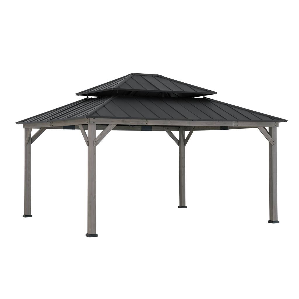 Sunjoy Archwood 13 ft. x 15 ft. Cedar Framed Gazebo with Black Steel 2-Tier Hard Top