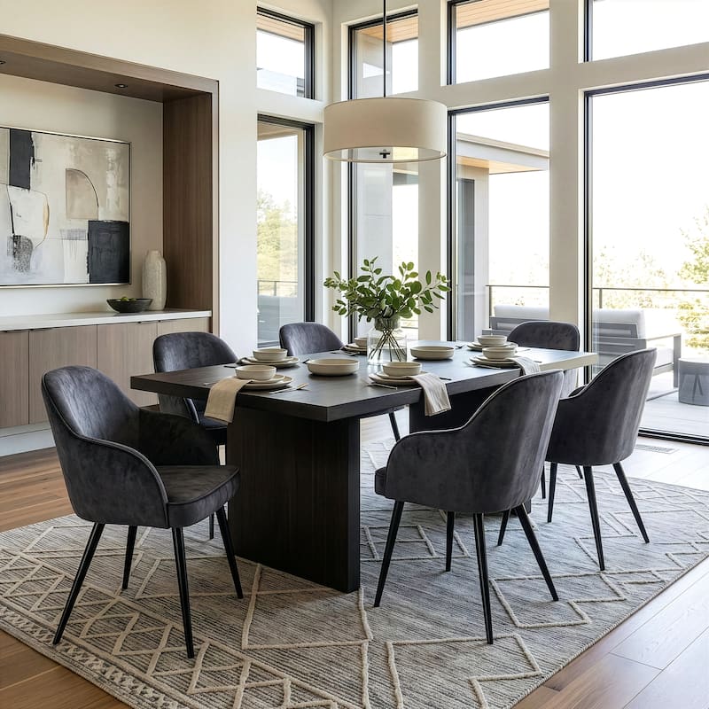 Set of 2 Batia Gray Velvet Fabric Dining Chairs with Black Iron Legs