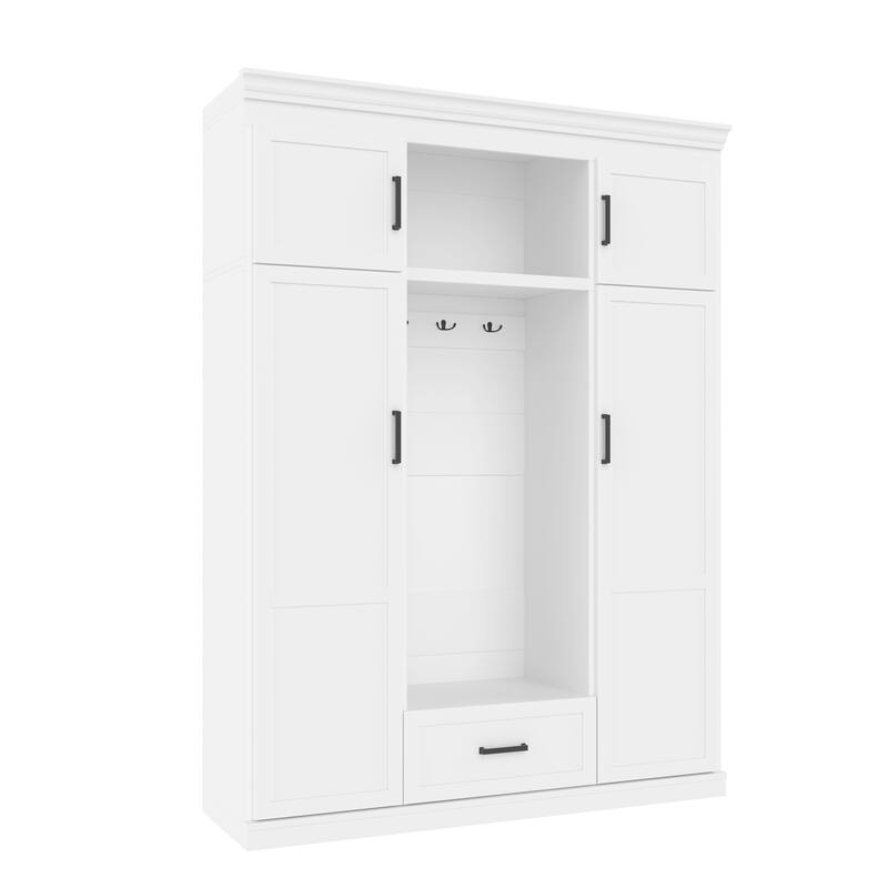 85 Inch Tall MDF Hall Tree with Bench, Entryway Storage Organizer with 4 Doors, 5 Drawers and Adjustable Shelves