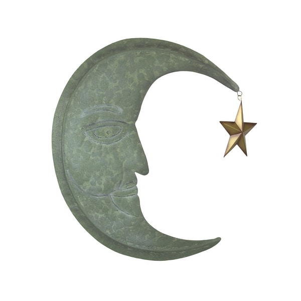 Verdigris Green Finish Metal Crescent Moon Wall Hanging With Sun Or