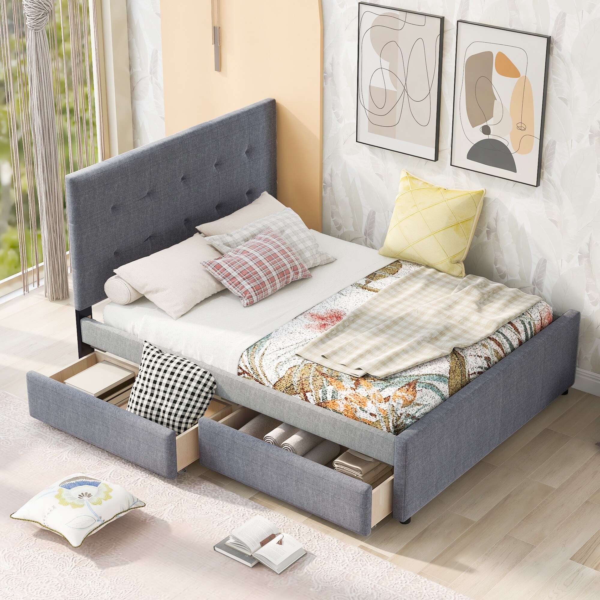 Queen Size Upholstered Platform Bed with Headboard Drawers