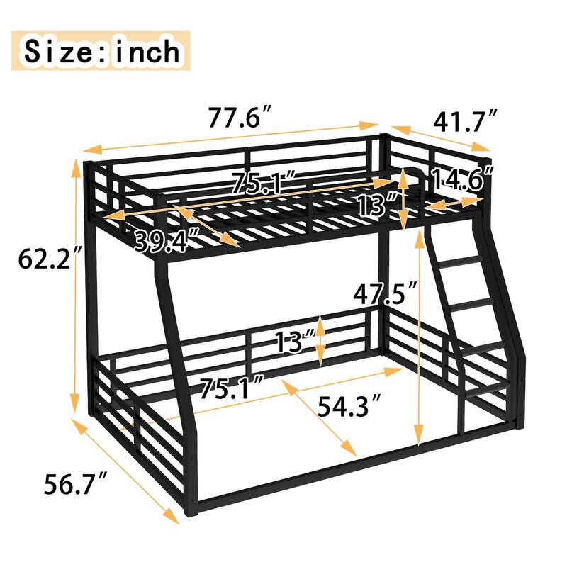 Roomfitters Twin over Full/Queen Metal Floor Bunk Bed Frame, Heavy-Duty Noise-Reduced Design, Black