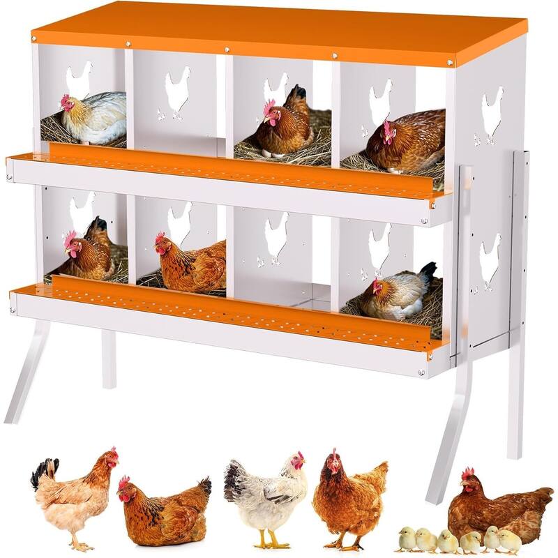8 Compartment Metal Chicken Nesting Box, Laying Box for Hens Ducks Rabbits, Orange - Orange with Legs