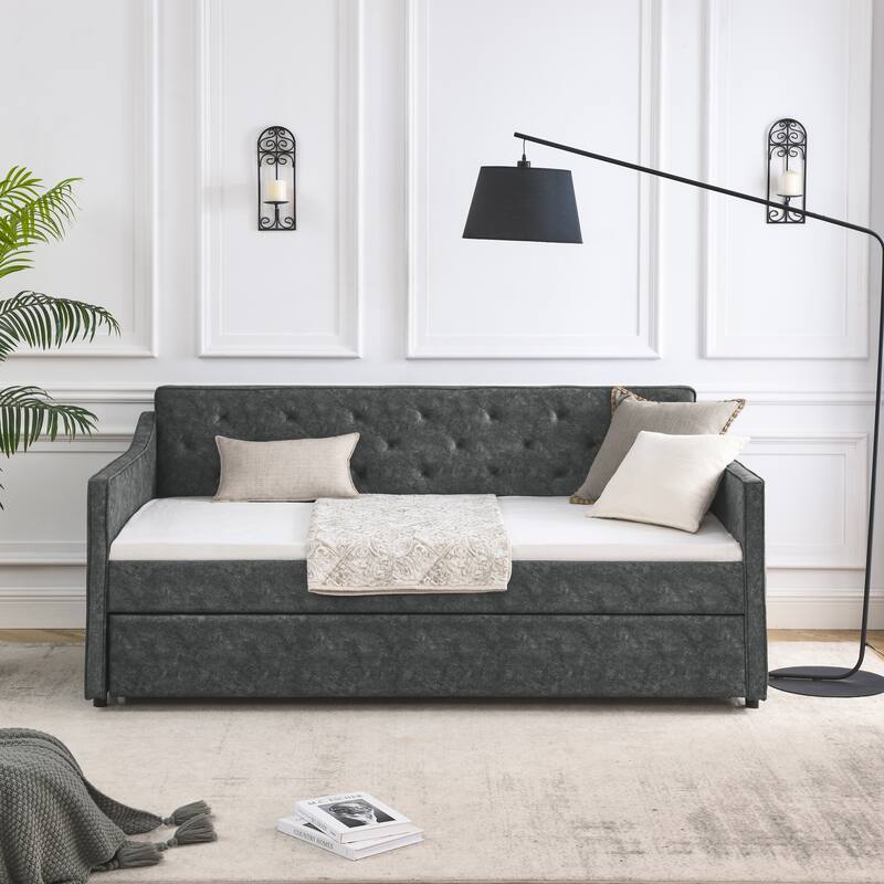 Grey Upholstered Tufted Sofa Bed Twin Size Daybed with Trundle