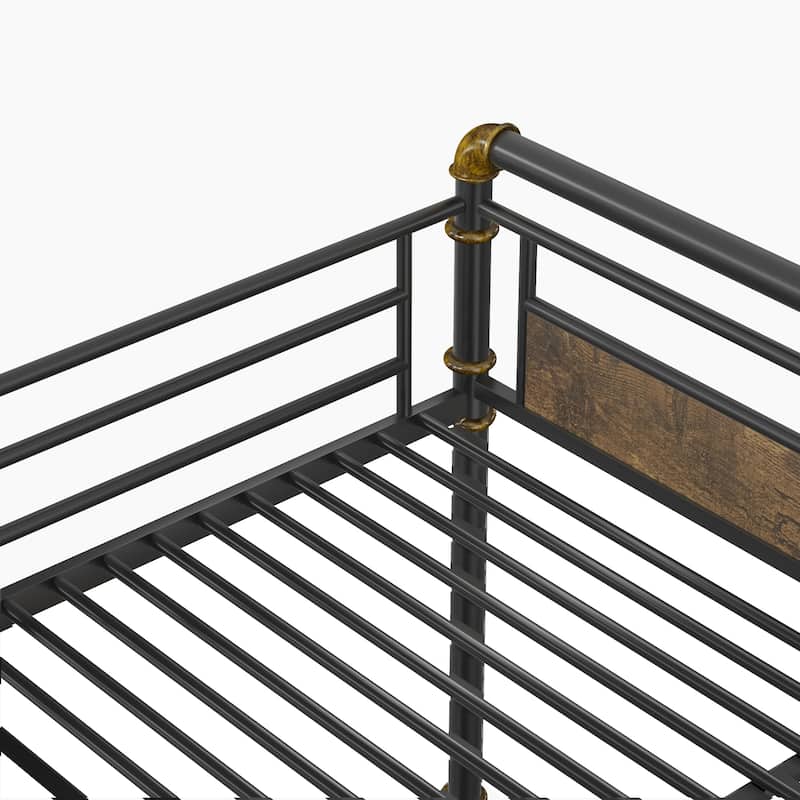 Queen over Queen Metal Bunk Bed, Industrial Detachable Bunkbeds with Safety Guard Rails for Teens, Black