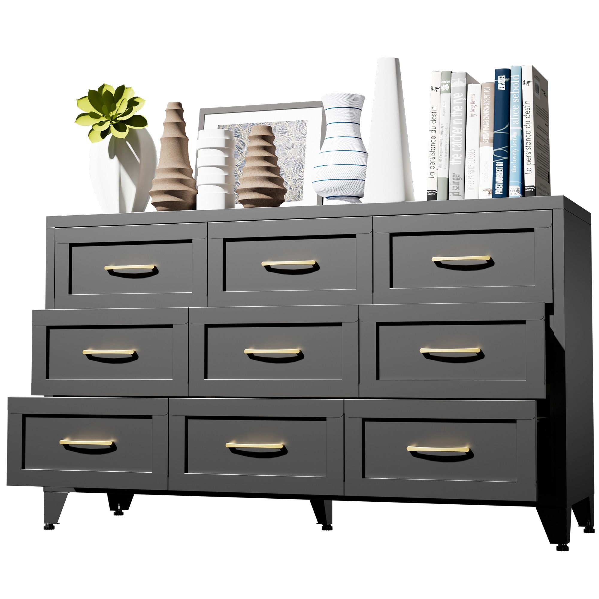 grey horizontal dresser 9 Drawer Metal Frame Dresser, with Quiet-Glide Storage Drawers eoy-bestsellers