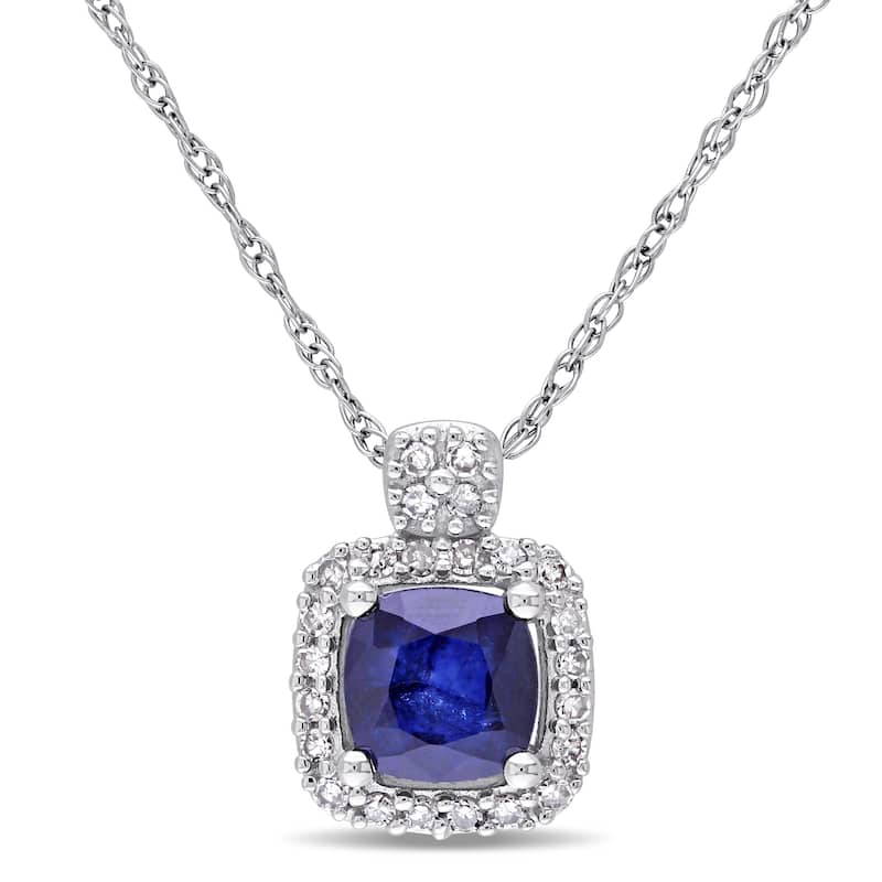 Miadora 10k White Gold Sapphire and 1/10ct TDW Diamond Square Halo Necklace - Blue