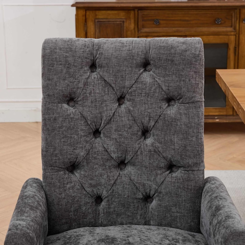 Upholstered Chenille Fabric Accent Dining Chair, Curved Solid Wood Legs, Elegant Tufted Club Dining Room Kitchen Room Arm