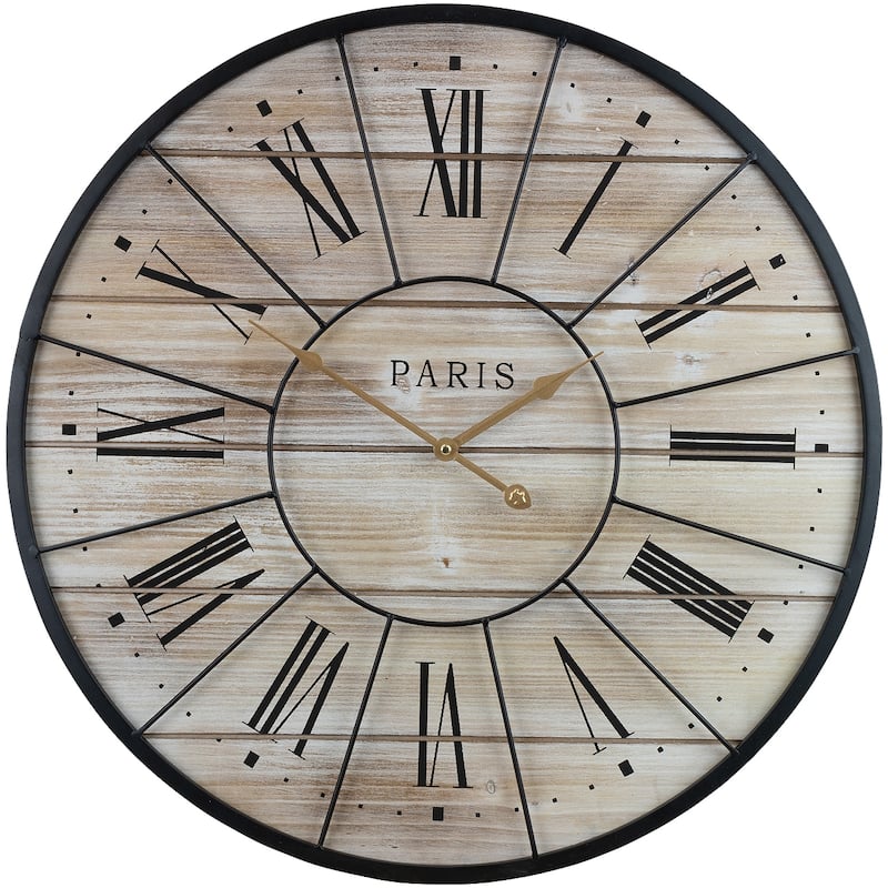 Sorbus Oversized 24" Round Analog Metal Wall Clock - Wooden Farmhouse Paris Décor (Roman Numerals)