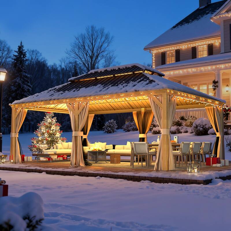 Outdoor Galvanized Steel Roof Gazebo Pergola w Wooden Coated Alumninum Frame, Privacy Curtains and Nettings Include - 12'x22' - Rain Gutter