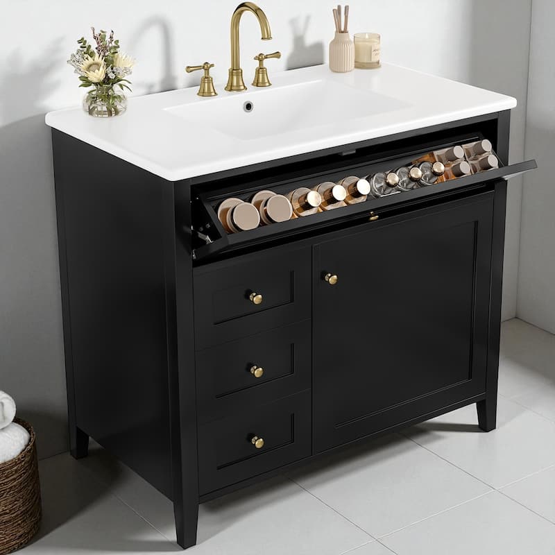 36-Inch Bathroom Vanity with Sink, MDF and Solid Wood Cabinet, 3 Drawers and Adjustable Shelf, Freestanding Design