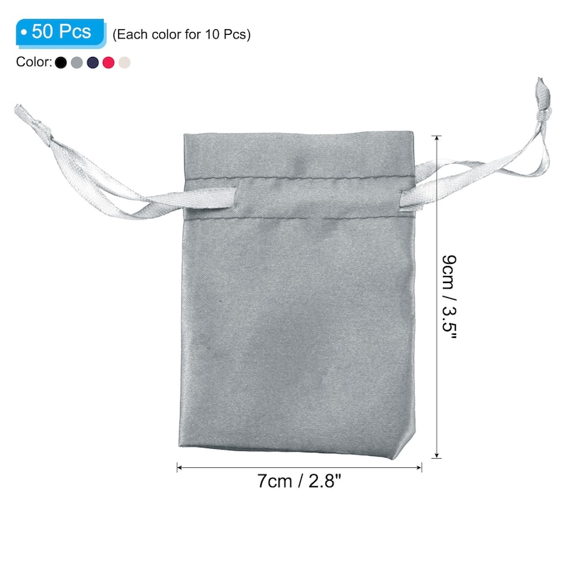 50Pcs 3"x4" Satin Bags Wedding Favor Bags Drawstring Gift Bags 5 Color - Black, Beige, Gray, Navy Blue, Rose Red