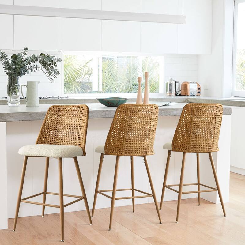 27" Upholstered Boucle Rattan Back Counter Stool - Set of 3