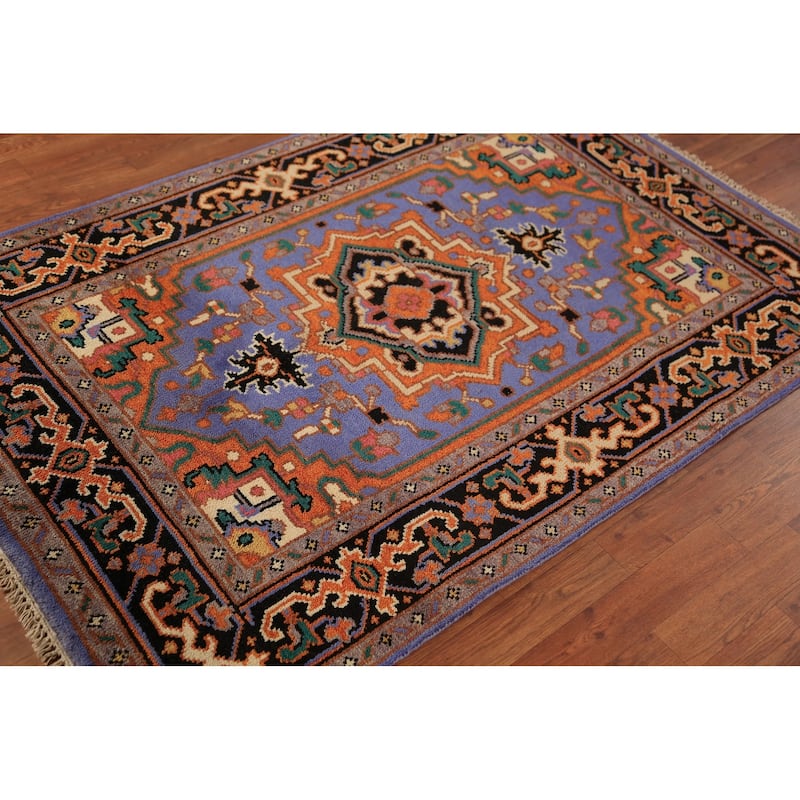 Geometric Heriz Serapi Oriental Rug Handmade Blue Wool Carpet - 3'11"x 5'10"