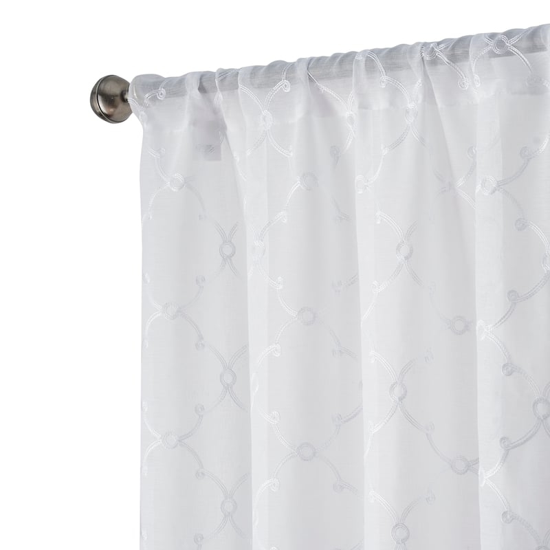 Creative Home Ideas Selena Embroidered Sheer Rod Pocket Window Curtain Panel Pair with Tiebacks