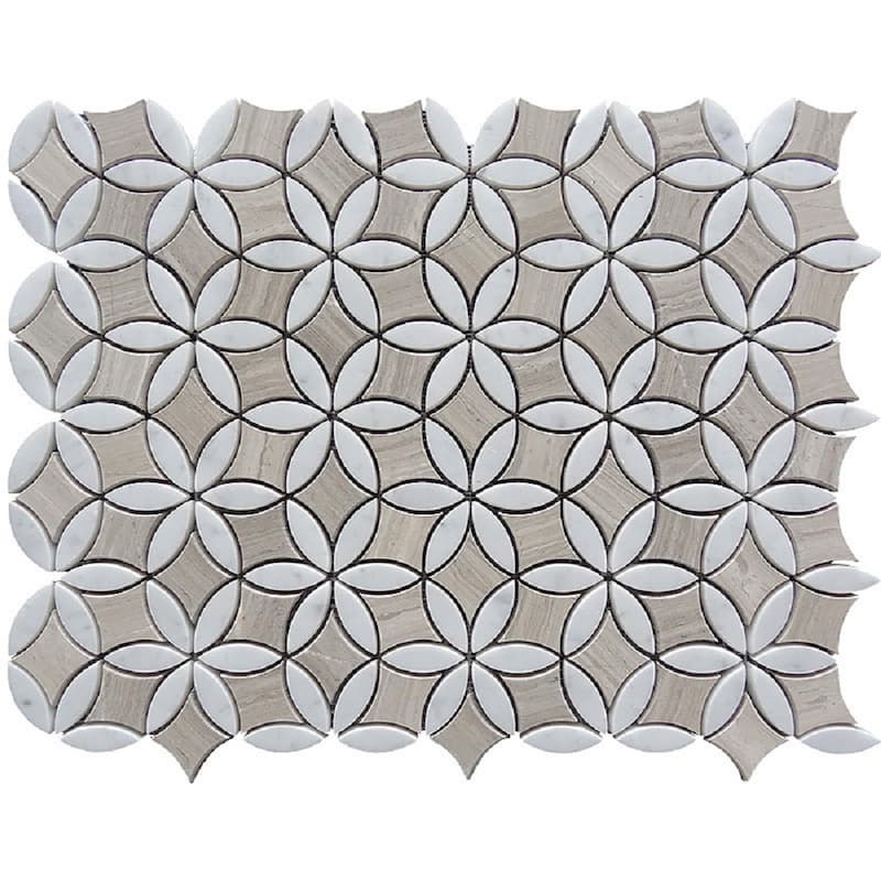 Apollo tile 12 x 15 Polished Beige Wooden Grey, Bianco Carrara Marble Tile (6.18 sq ft/case) - 5 Pack