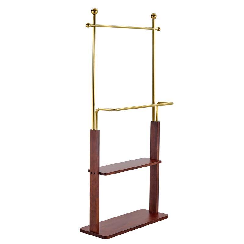 68.9" Walnut and Gold Steel Coat Rack,Double Layer Solid Wood Design