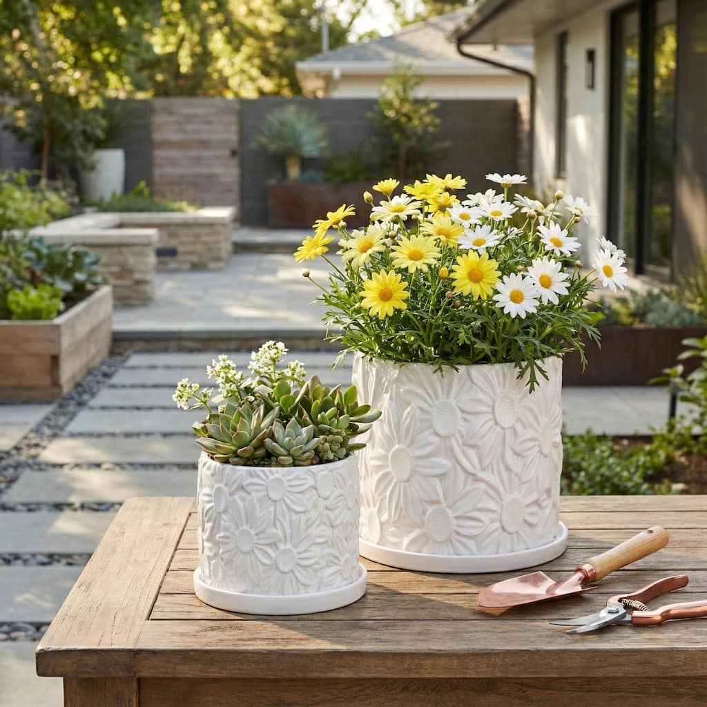 Decorative Ceramic Daisy Flower Planters - Set of 2