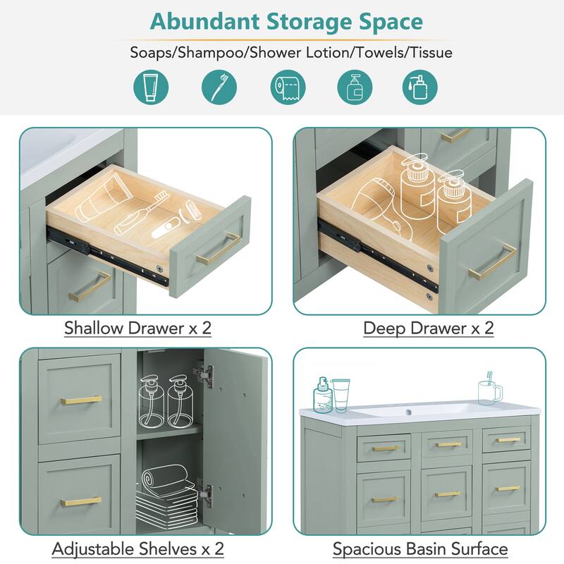 36" Bathroom Vanity Cabinet with Center Rectangular Resin Sink, 4 Drawers Bathroom Storage Cabinet w/ Adjustable Shelves, Green