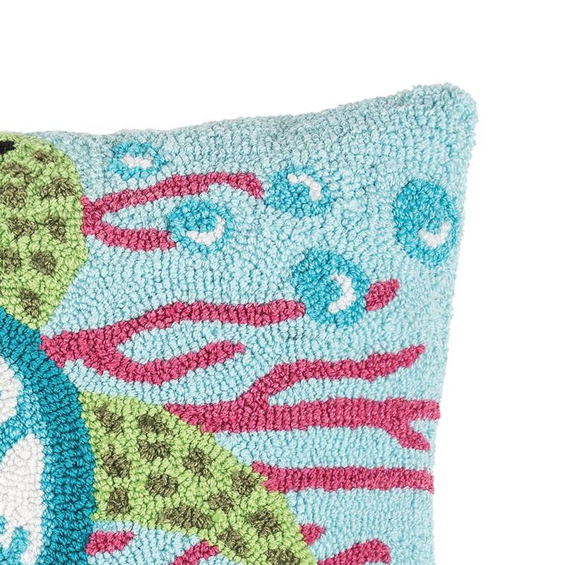 18" x 18" Coral & Turtle Hooked Throw Pillow