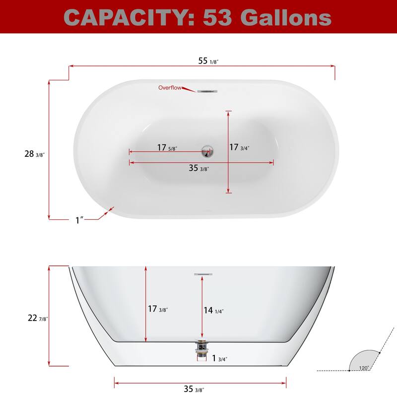 Acrylic Freestanding Soaking Bathtub with Chrome Overflow and Center Drain in Glossy White
