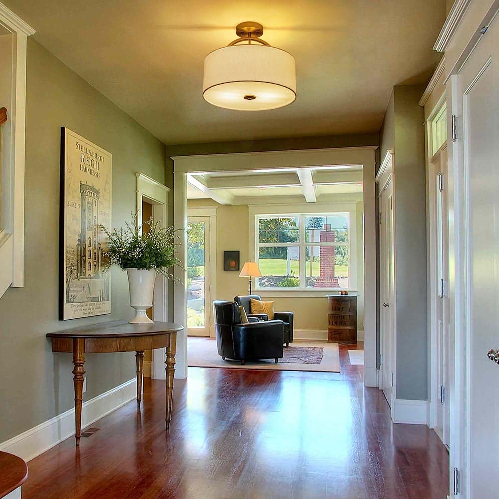 Contemporary 2-Light White Linen Drum Semi Flush Light 15in Wide