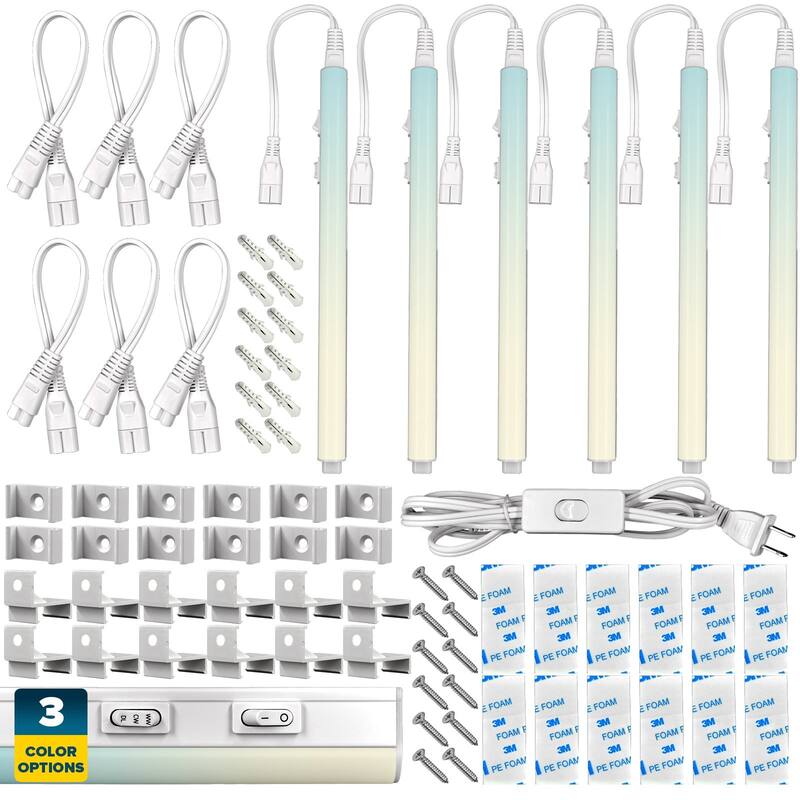 Sunperian LED Under Cabinet Light Kit 12" Plug In 30W Linkable 3 Color Option 3000K/4000K/5000K Damp Rated - 6 Pack