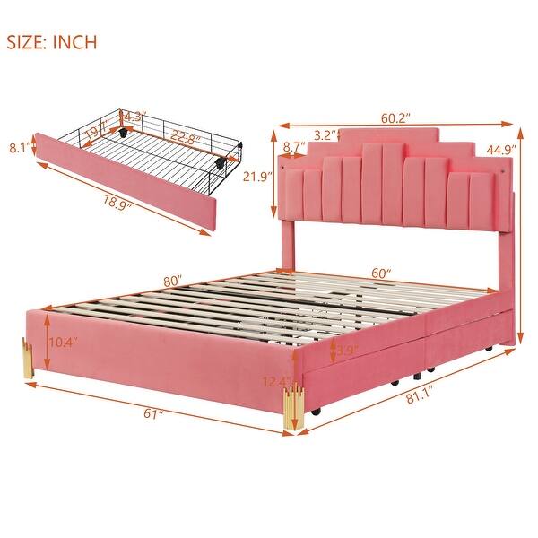 Pink Velvet Queen Platform Bed with RGB LED Lights and Storage Drawers