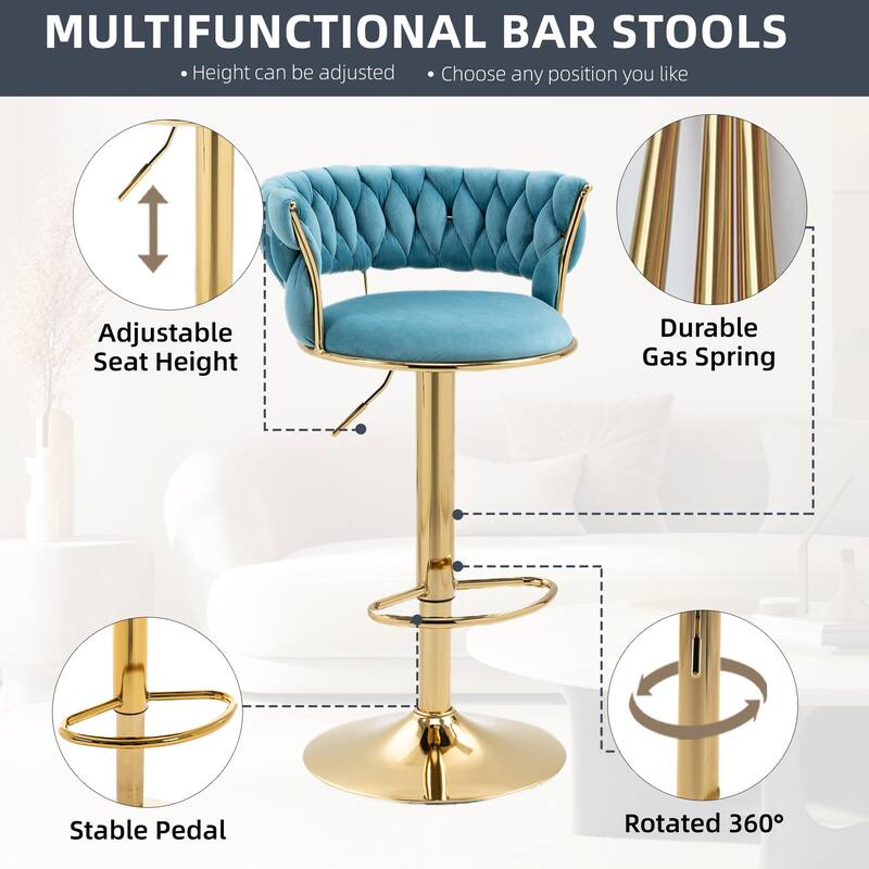 Velvet Tufted Adjustable Counter Height Rotating Bar Stools with Footrest (set of 2)