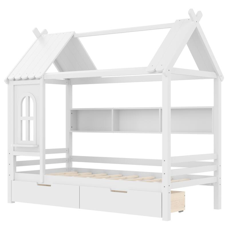 Charming House Bed for Girls, Boys Low Platform Bed Frame with Under-bed Drawers, Storage Shelves, Window and Roof